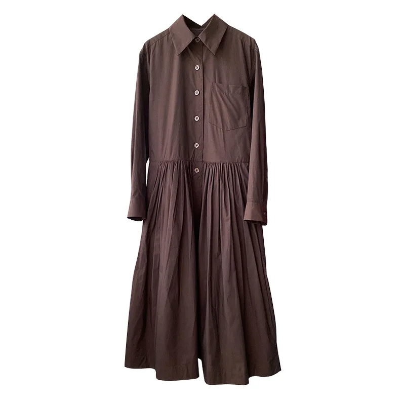 

2023 Spring and summer two-color yarn-dyed cotton long-sleeved shirt dress high waist medium-length dress