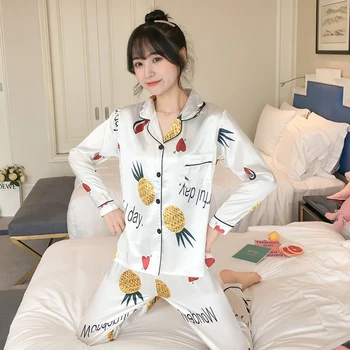 

2020 Autumn Women's Pajamas Sets with Flower Print Fashion Luxury Female Faux Silk Two Pieces Shirts + Pants Nighties Sleepwear