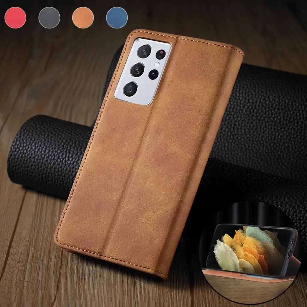 

For Samsung Galaxy S21 S20 Ultra FE S10 E Lite S9 S8 S7 Edge Plus Fashion Magnetic Flip Case Solid Color Card Slot Wallet Cover