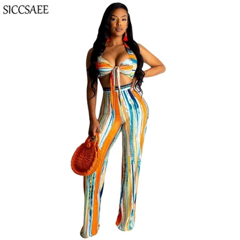 

Graffiti Tie Dye Printed Two Piece Set Halter Crop Top Wide Leg Palazzo Pants Backless Strapless Overalls Tube Outfits Sexy 2019
