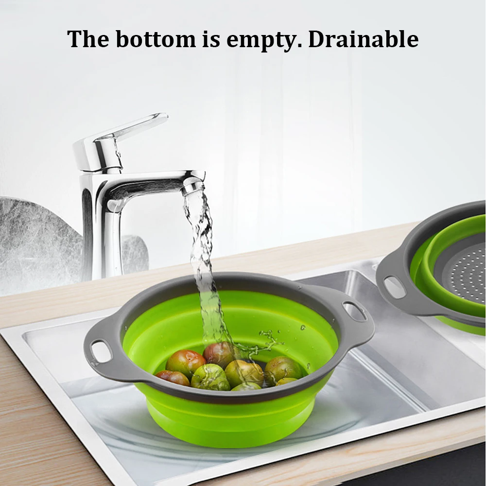 1Pc Foldable Silicone Colander Fruit Vegetable Washing Basket Strainer Collapsible Drainer With Handle Gadgets For Kitchen Tools