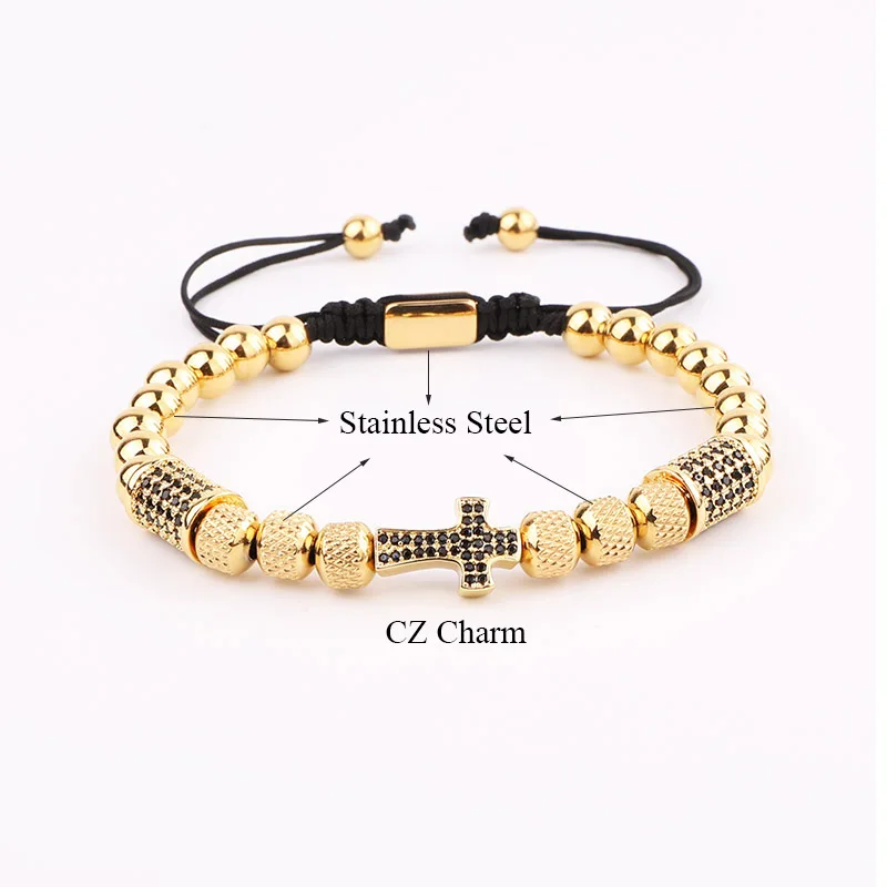 New Design Cross Bracelet Men Jewelry Gold Plated Stainless Steel Beaded CZ Pave Charm Macrame Adjustable Bracelet Men - Image 2