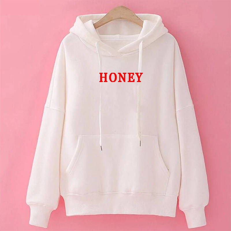 HONEY Hoodies Spring Autumn Fashion Women Tops Casual Lady Sweatshirts Long Sleeve Loose Pocket Pullover Letter Clothes | Женская одежда