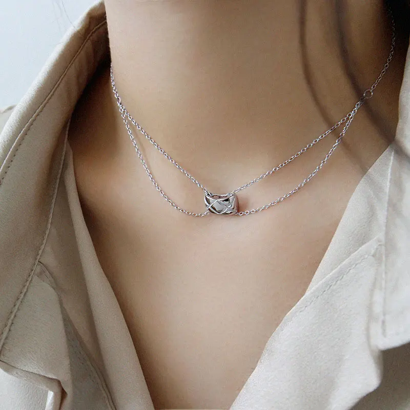 Silver OLOEY,, настоящее 925 пробы, серебряное, ромбическое колье, ожерелье s для женщин, Корея, двухслойная цепочка, ожерелье, хорошее ювелирное изделие YMN170 - Цвет камня: Silver