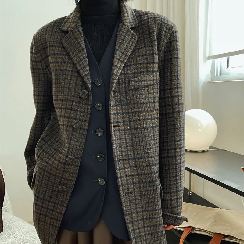 

Winter women's casual plaid single-breasted button decoration jacket