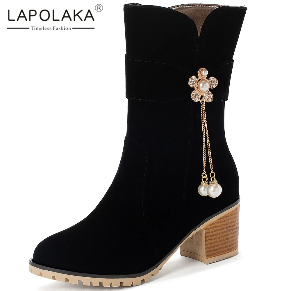 Lapolaka/ дизайн, Размеры 33-43, осенне-зимние ботинки на меху женская обувь ботинки до середины икры на не сужающемся книзу массивном каблуке, на молнии женская обувь
