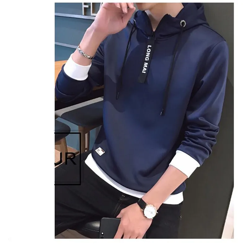 Navy blue Весна и Осень Корейская версия мужской похудения с длинными рукавами футболка Молодежный студенческий тренд красивый с капюшоном Футболка мужская футболка - Цвет: Navy blue