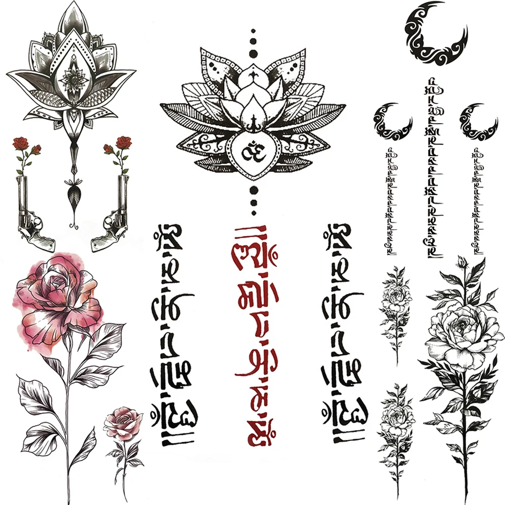 

Lotus Flower Fake Temporary Tattoo For Women Men Large Tattoos Black India Words Henna Moon Flash Waterproof Tatoo Body Arm Leg