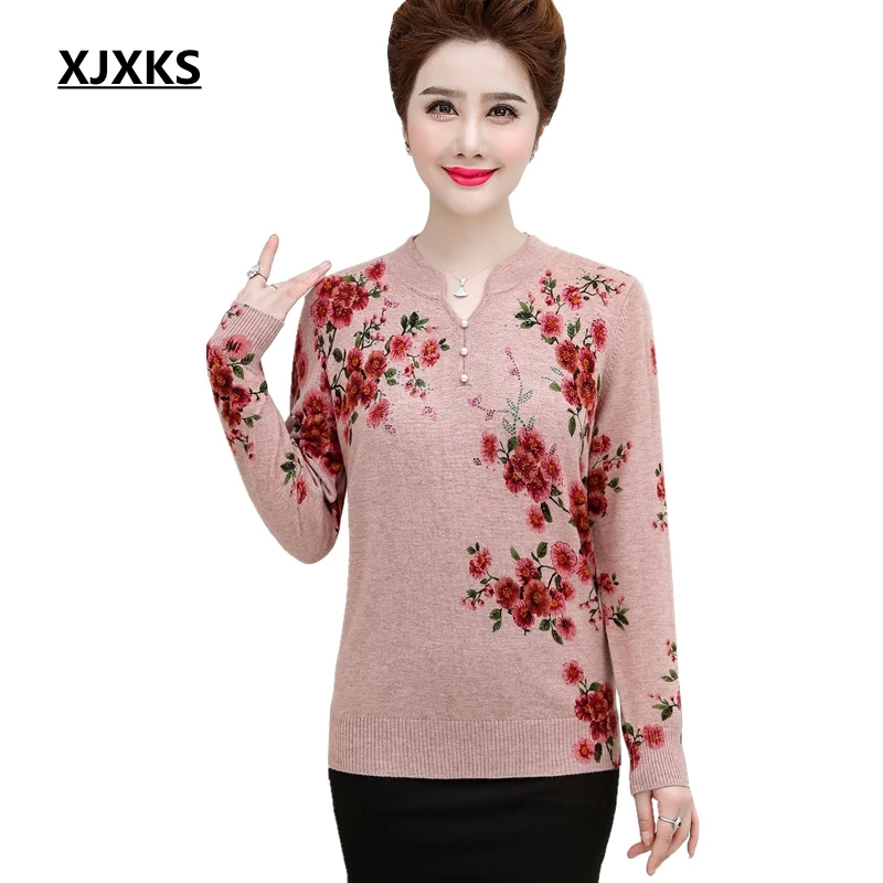 

XJXKS New 2019 Pullover Women Autumn Sweaters Pullovers Plus Size 4XL Print Warm Wool Oversized Sweater Mother Winter Tops