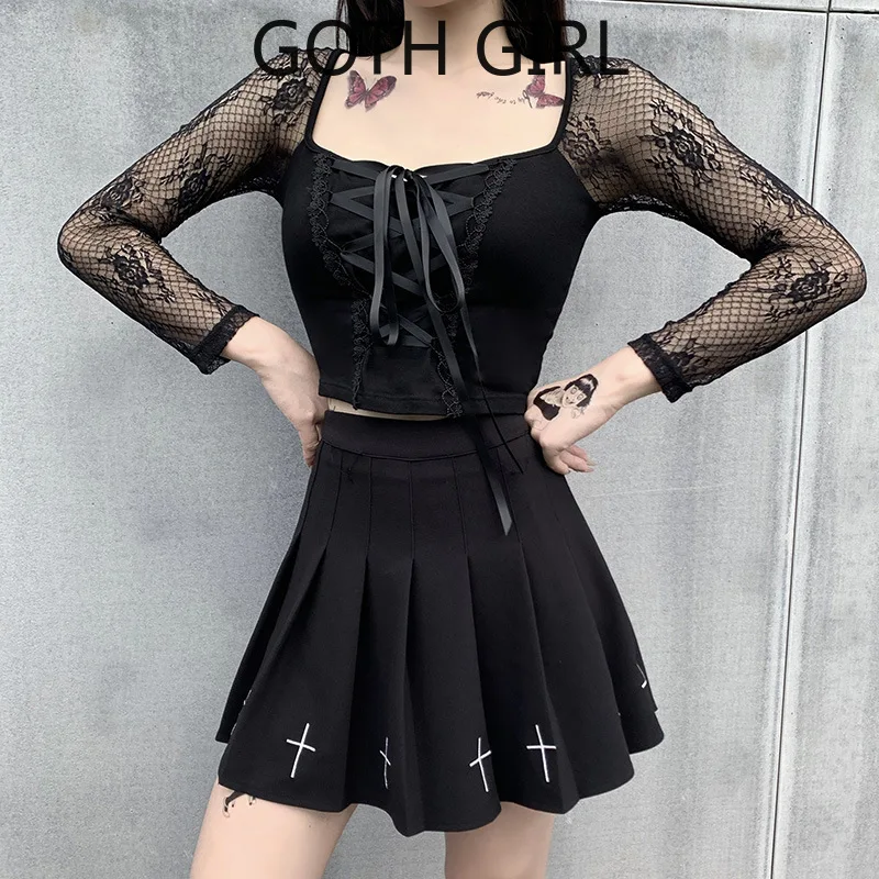 

Goth Girl Sexy Street Lace Splicing Square Neck Long Sleeve Top Women's Cornucopia Bandage for Thin Women's Wear Harajuku Shirt