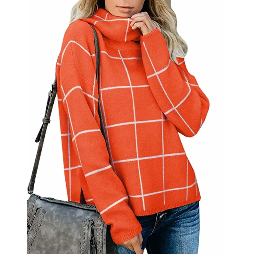 

Stylish Women Autumn Winter Turtle Neck Checkered High-low Hem Knitted Sweater