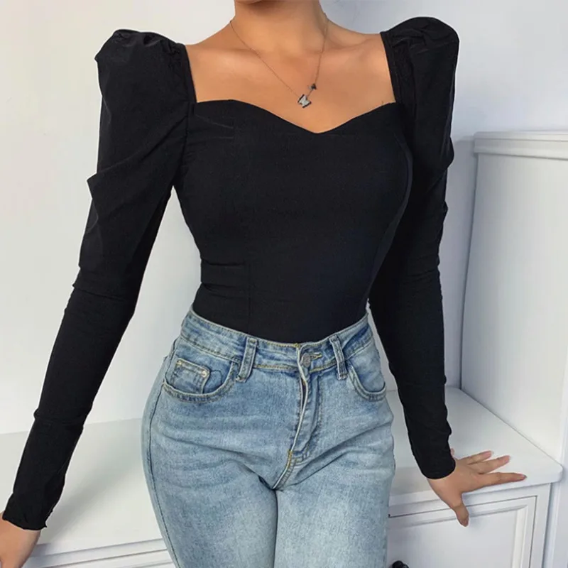 

Women Sexy Sheath Solid Color Blouses Special Offer Hot Sale Autumn Female Puff Sleeve Square Sexy Small V-neck Slim Blouse 2020