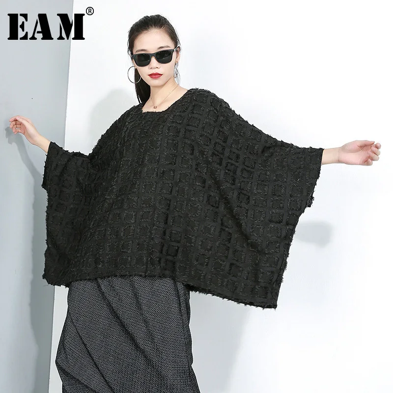 

[EAM] Women Black Oversized Asymmetrical Tassels T-shirt New Round Neck Long Batwing Sleeve Fashion Spring Autumn 2019 1H160