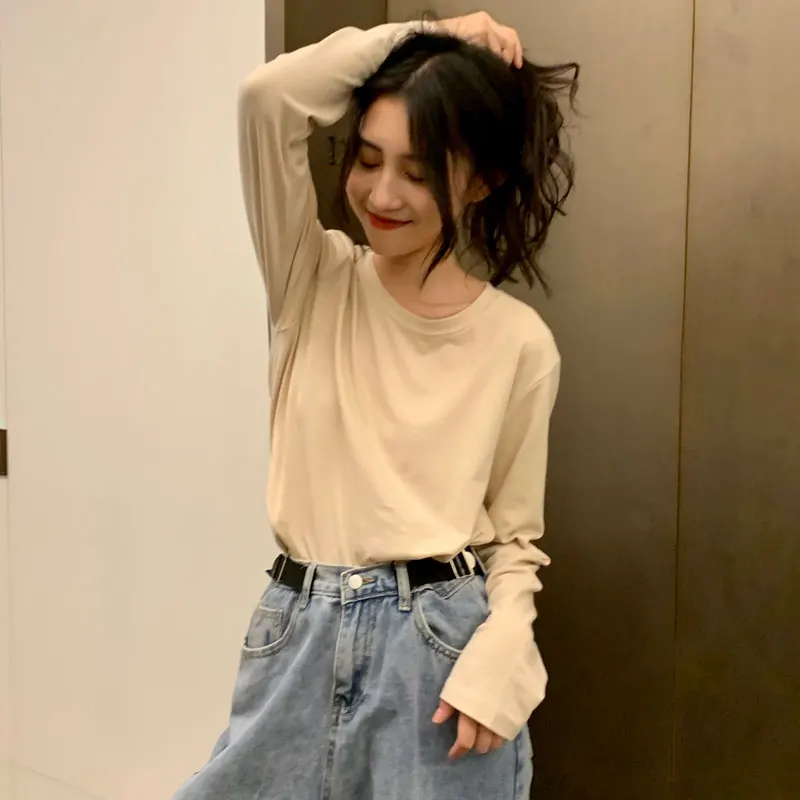 Apricot 9 однотонная белая футболка с длинным рукавом для женщин Harajuku винтажная свободная Базовая футболка корейский Стиль Уличная футболка осень зима - Цвет: Apricot