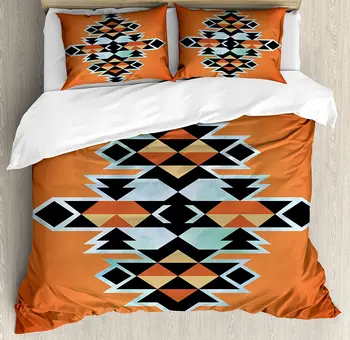 

Tribal Duvet Cover Set Tribal Aztec Pattern Ethnic Abstract Design Traditional Elements Print Bedding Set Orange Black Pale Blue