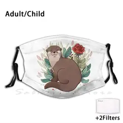 Otter Funny Print Reusable Pm2.5 Filter Face Mask Otter River Otter Cute Animals Rose Roses Red Rose Animal Giant Otter Brown