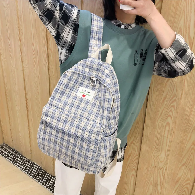 

New Plaid Canvas Women Backpack Korean College Style School Bags For Teenagers Female Travel Backpacks Girls Mochilas