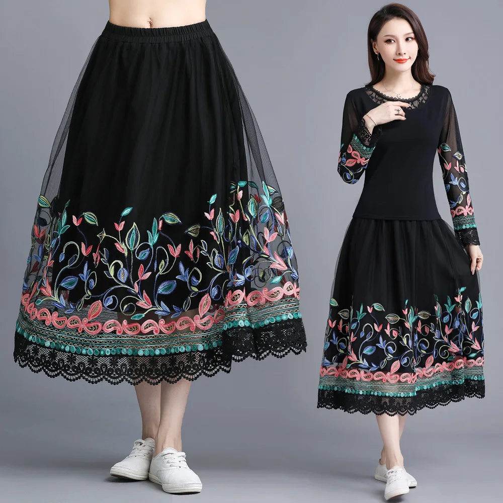 

T8113 @ Autumn New Style Nation Characteristics Embroidery Gauze Skirt Women's Hem Lace Travel Big Skirt Women's