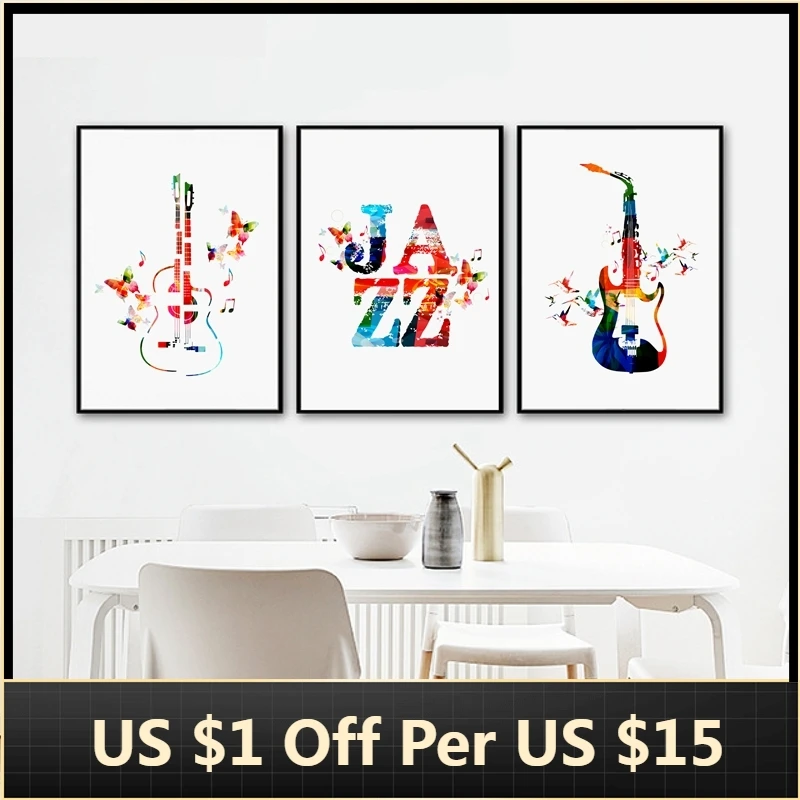 Carteles de pintura de lienzo de guitarra de música colorida, carteles de  música de Jazz con símbolos musicales, arte de pared, imagen, decoración  del hogar|Pintura y caligrafía| - AliExpress