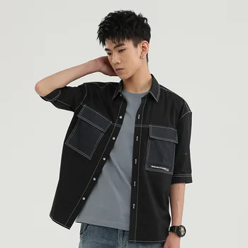 

EWQ / men's wear streetwear fashion color block patchwork double pockets shirt all-match loose short sleeve tops 2020 new 9Y2077