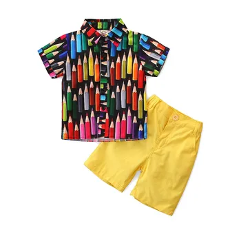 

2020 new boys summer gentleman suit printed shirt + shorts tide