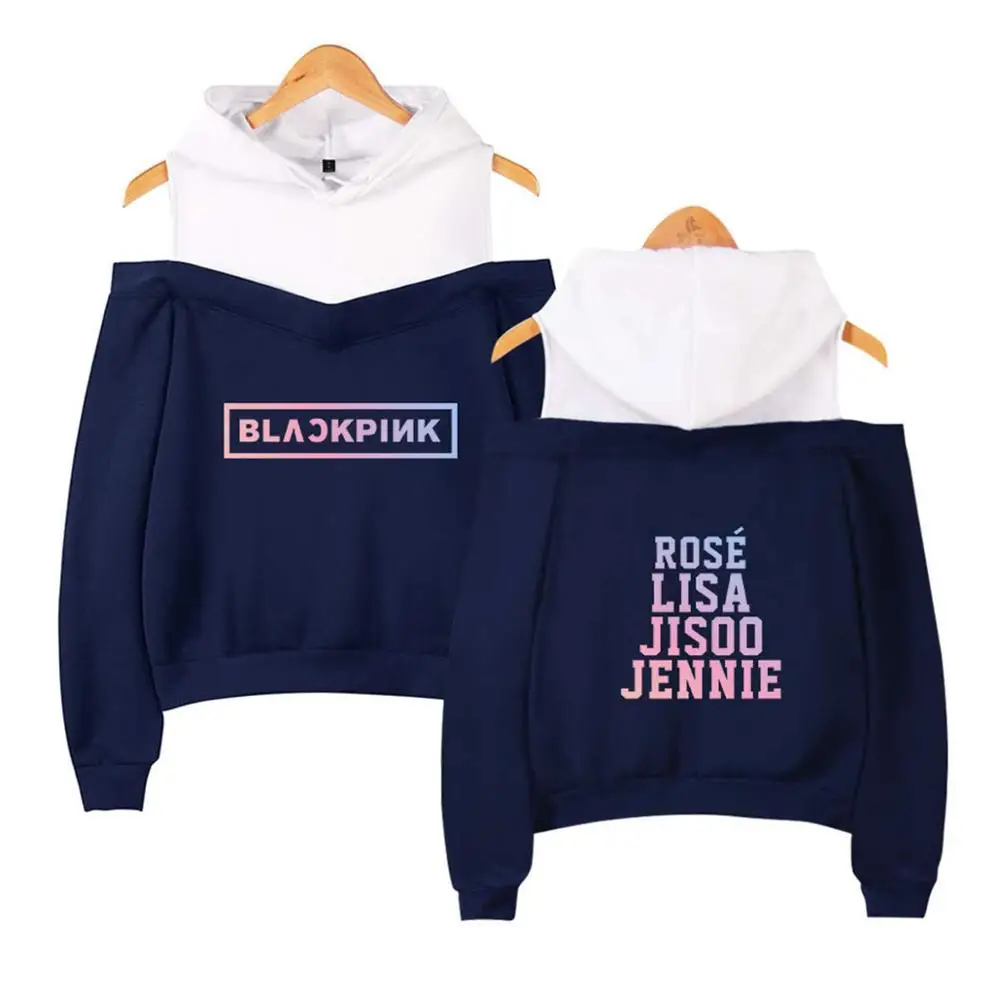 Mainlead Kpop черная розовая толстовка с открытыми плечами Lisa Rose Jennie Jisoo куртка - Цвет: Blue1