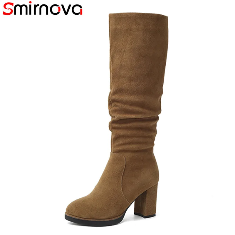 Smirnova/; Новое поступление; модные сапоги до колена наивысшего качества; зимние женские сапоги с круглым носком на высоком толстом каблуке; Цвет черный, коричневый