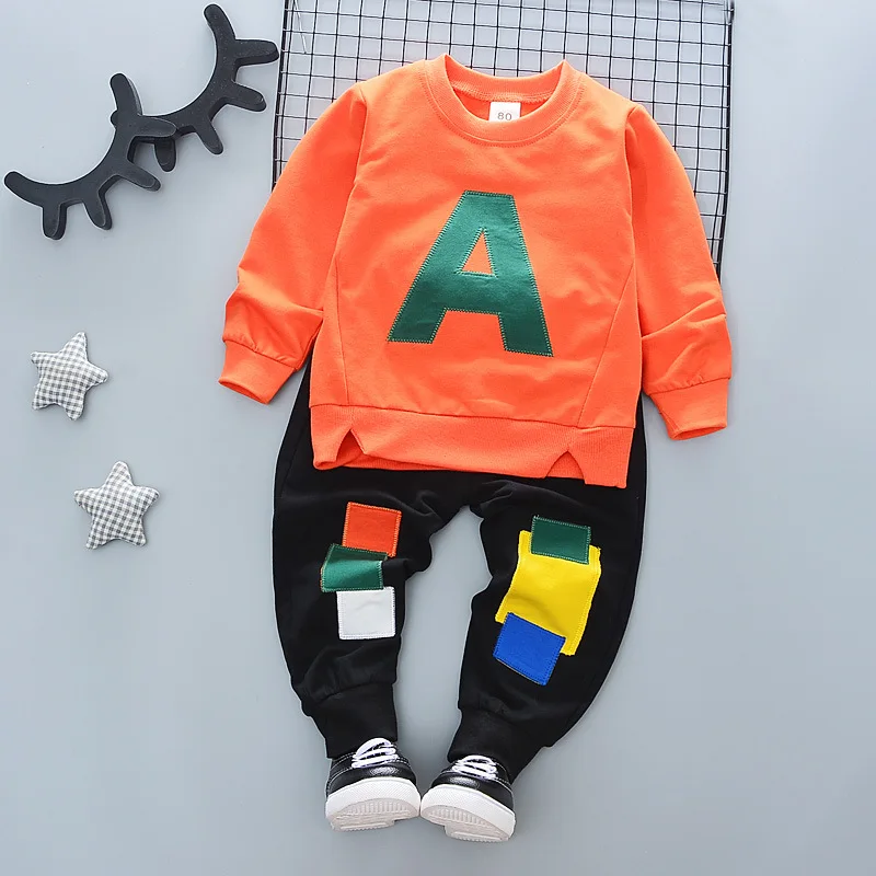 Одежда для детей Коллекция года, осенне-зимняя одежда для маленьких мальчиков комплект одежды с капюшоном+ штаны комплект детской одежды для мальчиков, От 1 до 4 лет - Цвет: letter orange