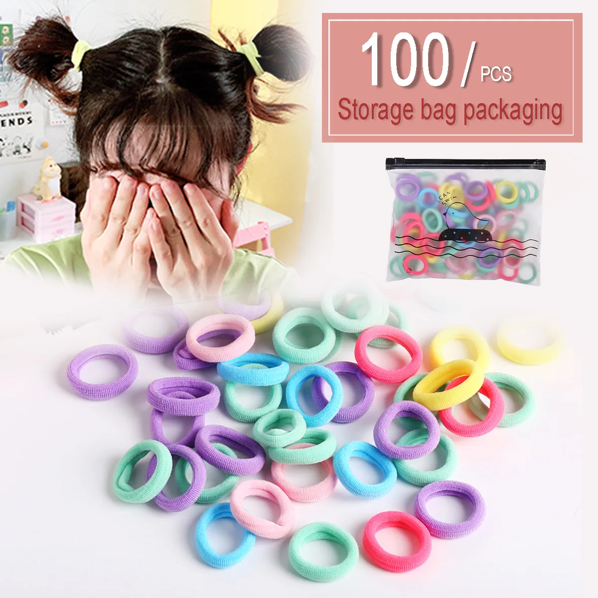 

100Pcs/bag Kids Elastic Hair Bands Fashion Colorful Hair Rope Accessories Ponytail Holder Scrunchy Headbands Rubber Gum for Girl