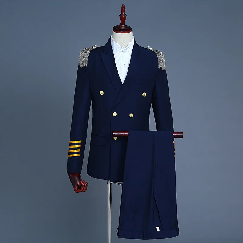 

Navy Captain Officer Sailor Peacoat Costume Mens Blazer Suit Military Fringe Marching Band Jacket Uniform For Adult Coat+Pants