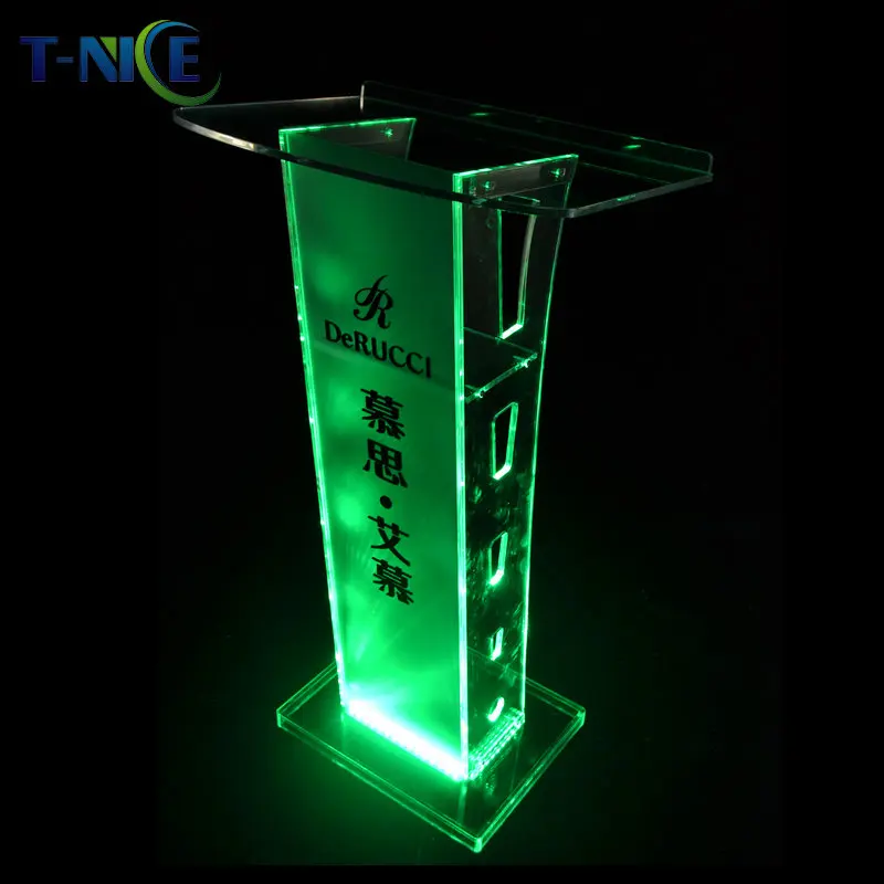 Church Pulpit Led Lights Commercial Furniture Podium With Built-in Shelf Clear Stand Lectern Glass Rostrum