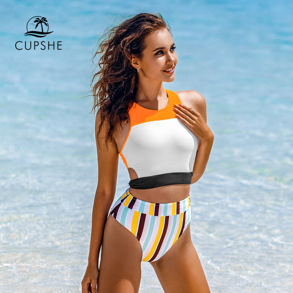 CUPSHE Orange White High Neck High-waist Bikini Sets Woman Sporty Tank Swimsuit Two Pieces Swimwear 2021 Bathing Suit Beachwear