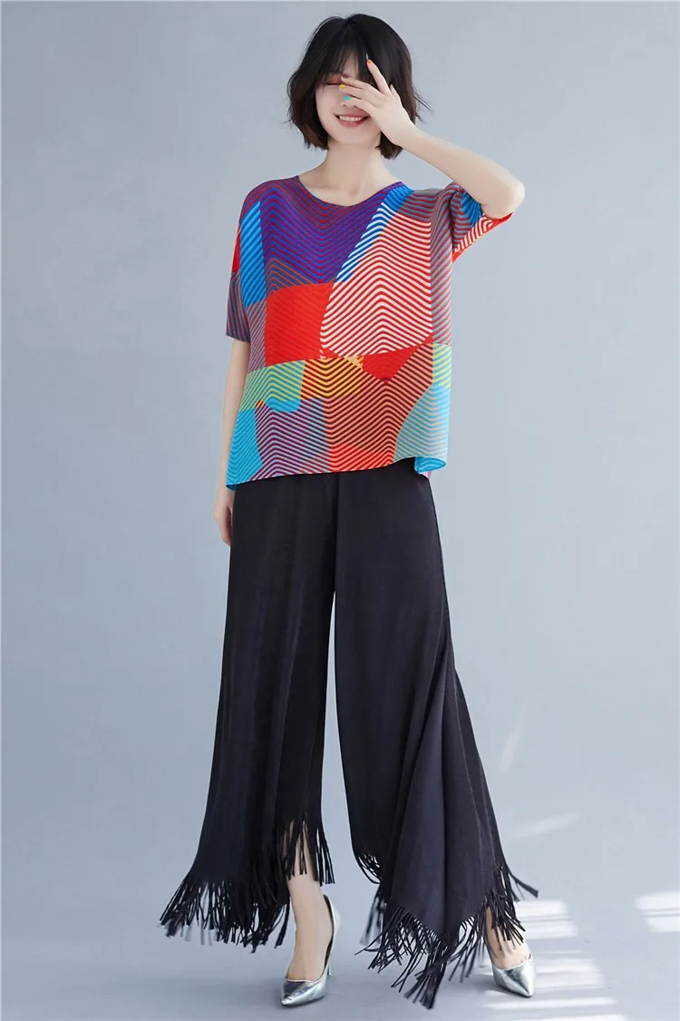 Miyake fold Новые расклешенные брюки с кисточками, с 9 точками, тонкие женские широкие брюки с высокой талией