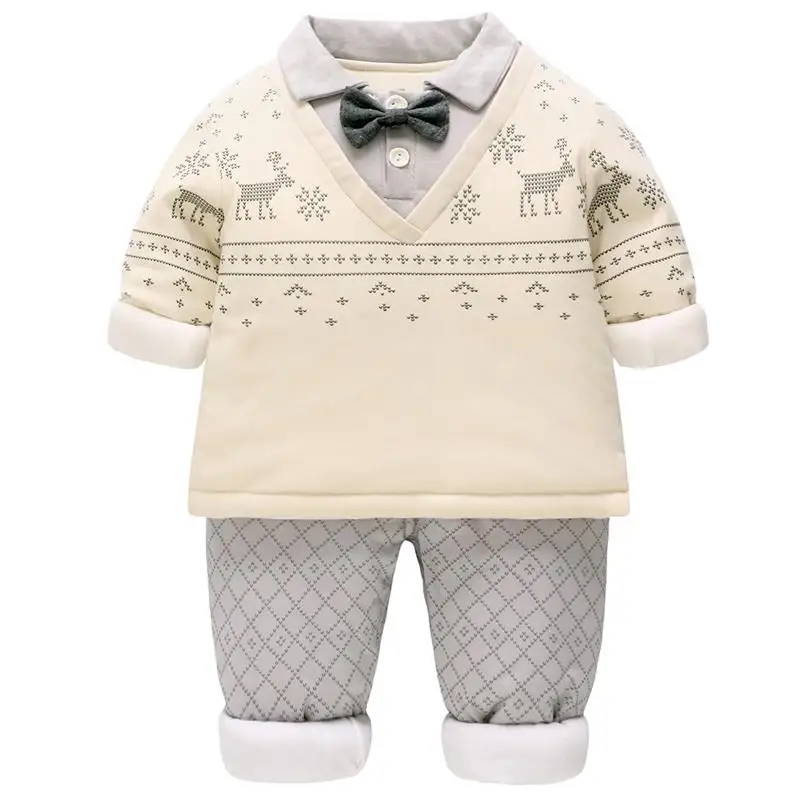 Famuka Baby Clothes Set Christmas Moose Cotton Thicken 2pcs Kids Warm Pajamas Boy Handsome Gentleman Autumn Winter Outfits - Цвет: Yellow