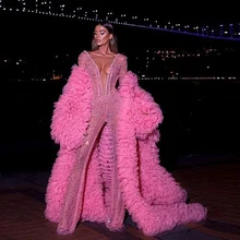 Fashion Pink Chic Puffy Ruffles Tiered Tulle Long Robes Women 2020 Full Sleeves Floor Length Tops Women Open Jacket Custom Made
