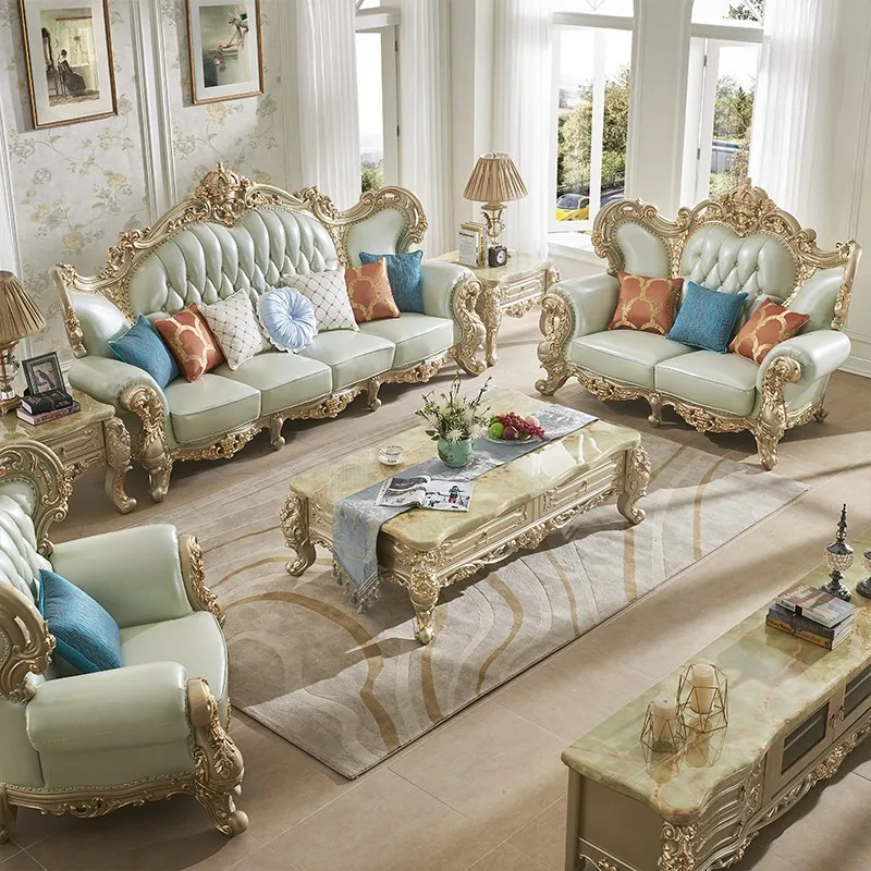 European Style Living Room Leather Sofa Solid Wood Luxury Crown ...
