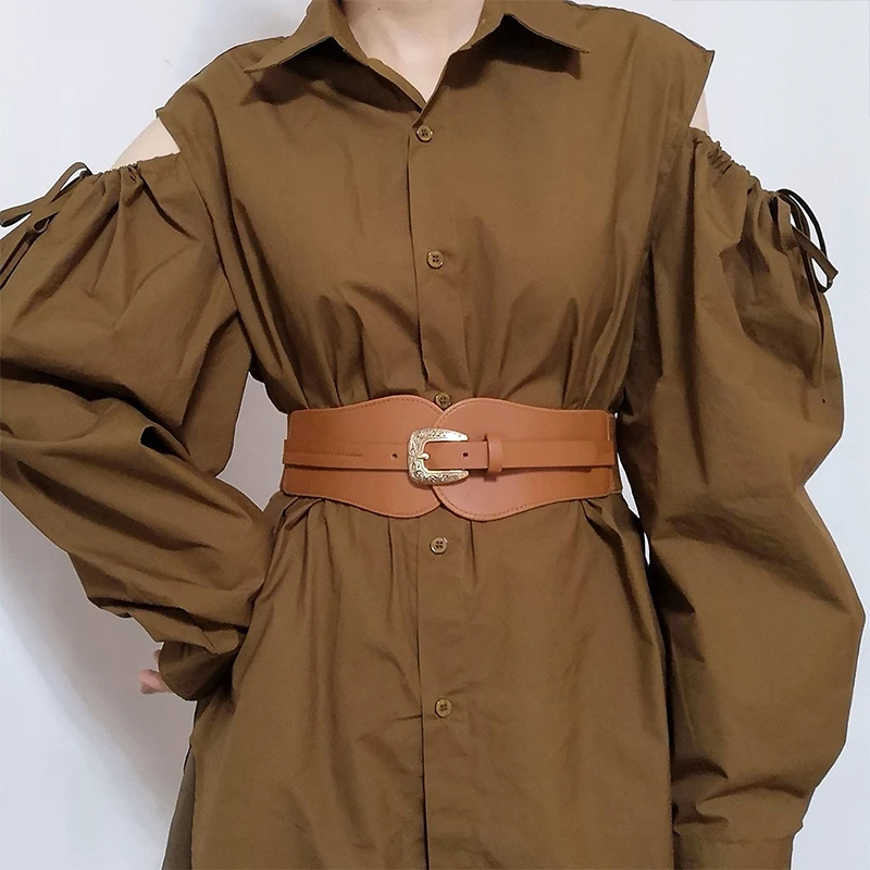 Cinturones anchos de cuero para mujer, cinturón de cintura de cuero con hebilla de Metal de Color sólido para abrigos, trajes, suéter y vestido, nueva moda - AliExpress para la ropa