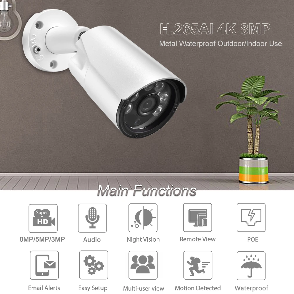 Audio IP Camera 4K 8MP H.265 5MP 4MP Outdoor Bullet CCTV for POE NVR System Security Surveillance IR Metal Camera POE portable security camera