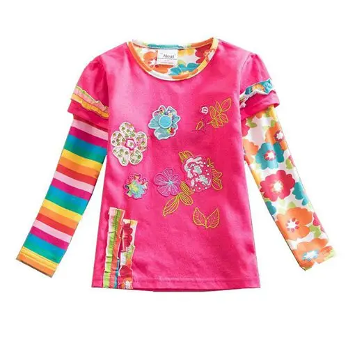 Футболка с длинными рукавами для девочек с вышивкой; сезон весна-осень; хлопковый рисунок фигуры с цветами; детская футболка с длинными рукавами для девочек - Цвет: L220 fushica