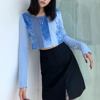 

E-girl Sweet Patchwork Tie Dye Ribbed T-shirts Y2K Fashion Stitch O-neck Long Sleeve Ruffles Hem Blue Crop Tops Harajuku