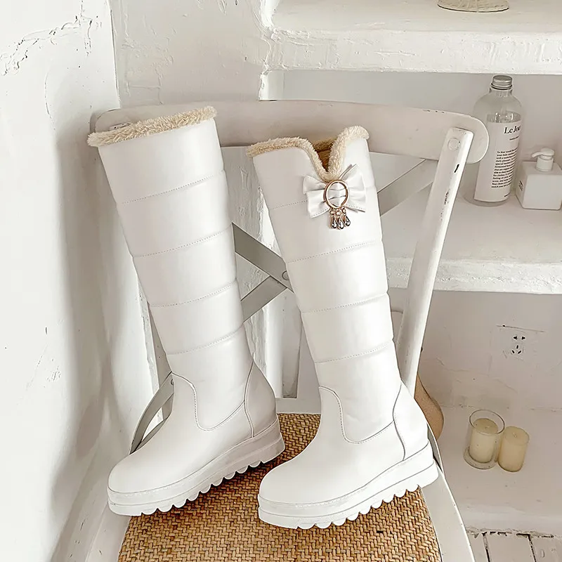 ESRFIYFE New Pu Leather Winter Boots Women Shoes Boots Knee High Boots Winter Warm Plush Thick Heel Platform Snow Boots