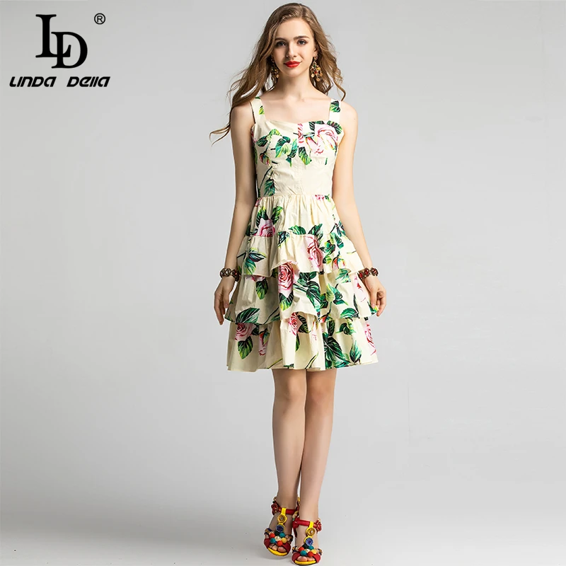 Ld Linda Della Zomer Fashion Runway Katoen Korte Jurk Vrouwen Spaghetti Strap Tiered Bloem Bloemenprint Casual Dress Ld Linda Della Zomer Fashion Runway Katoen Korte Jurk Vrouwen Spaghetti Strap Tiered Bloem Bloemenprint Casual Dress