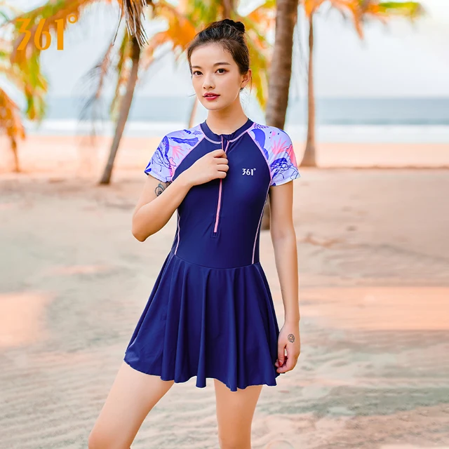 361 Swimsuit Female Summer 2021 One Piece Swim Skirt Short Sleeve Women Swimwear Swim Dress Zipper Stripe Rash Guard SLY211035-3