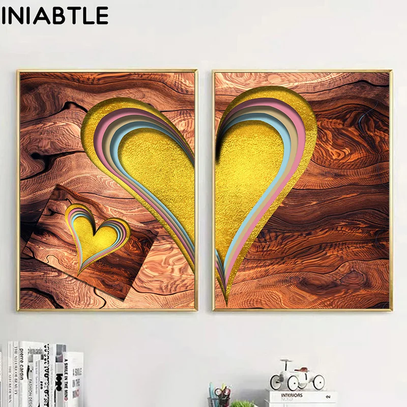 Golden Heart Canvas Painting Love Quotes Wall Art Posters Prints Nordic