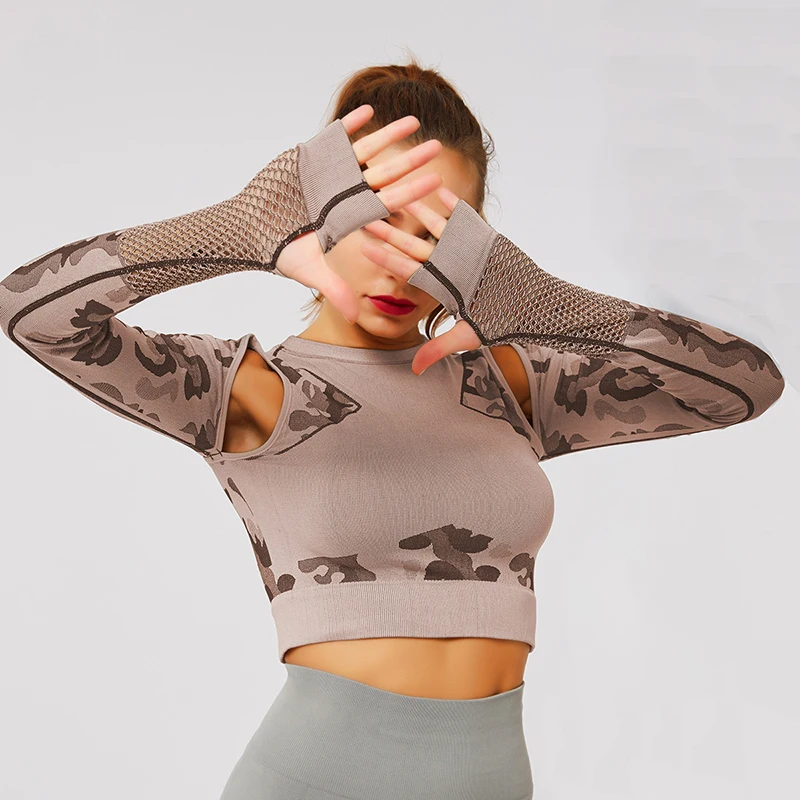 Энергетический бесшовный укороченный топ Женская спортивная рубашка Камуфляжный узор футболка для тренировок женская футболка с длинным рукавом фитнес-футболки