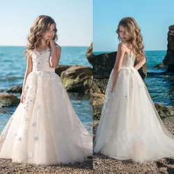 Ivory White Flower Girls Dresses For Wedding Lace Applique Sheer Neck Kid First Communion Dress