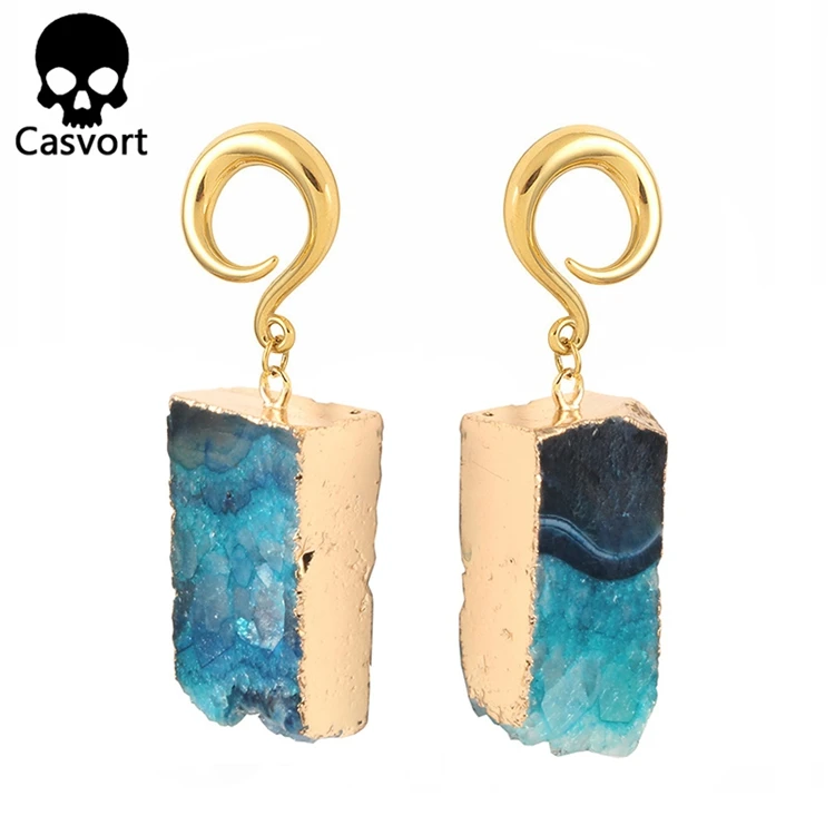 Casvort 2 шт. неровные драгоценные камни болтаются беруши тоннель из нержавеющей стали золотые ушные крючки калибры для пирсинга
