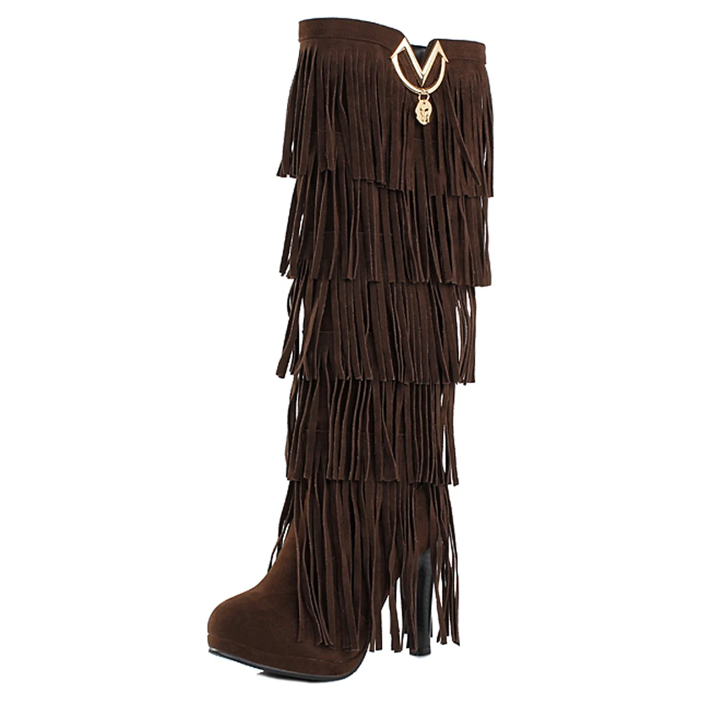 brown thin fur DORATASIA/Новинка, большие размеры 33-43, модные сапоги с бахромой женская обувь на высоком каблуке женские вечерние сапоги до колена, Осень-зима - Цвет: brown thin fur