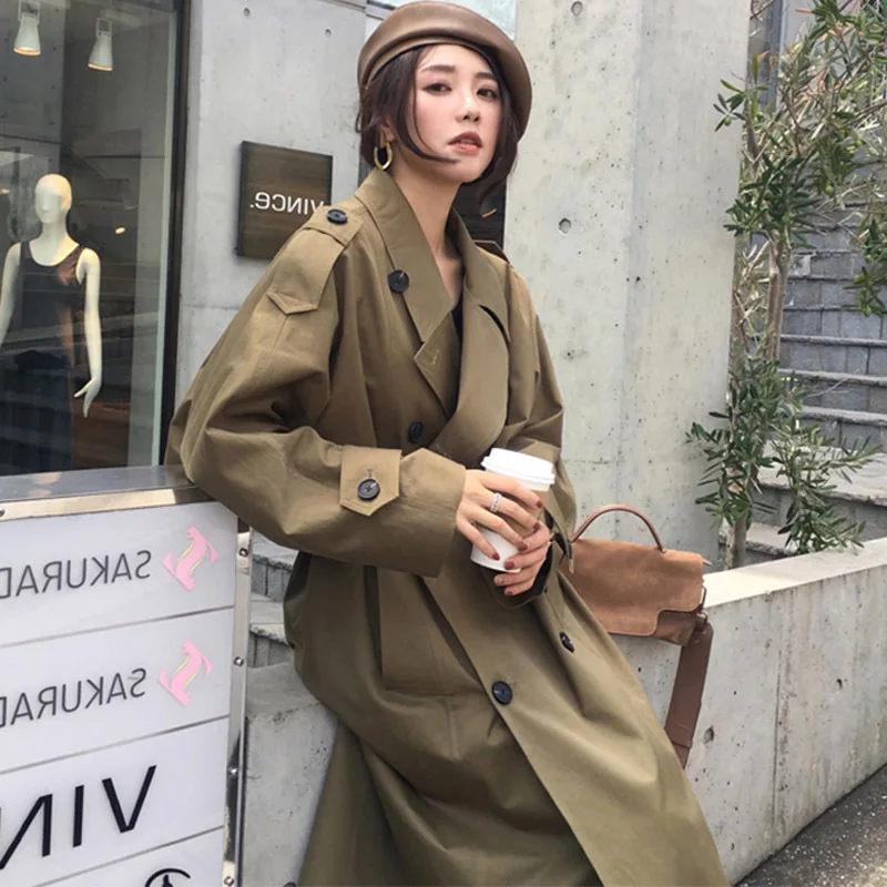 Women 's Trench Coat Mid -length 2021 New Korean Style Elegant Fashion Casual Spring and Autumn Khaki Long Double Breasted Full