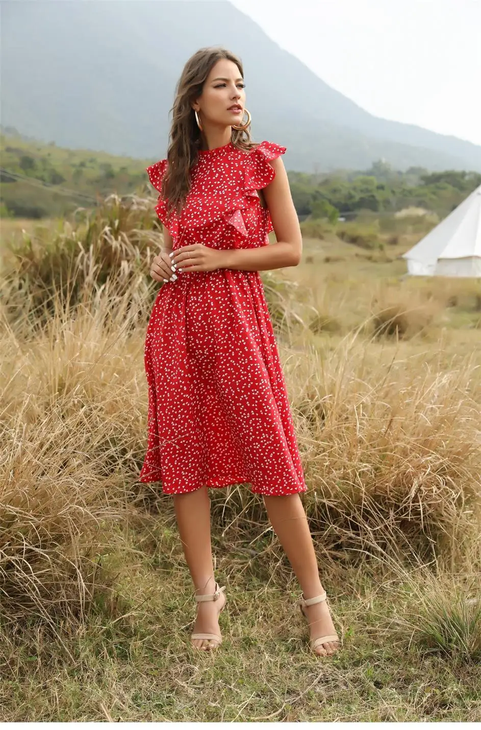 Abito estivo con stampa a pois donna Casual manica a farfalla increspature abiti  lunghi in Chiffon medio increspature Chiffon blu rosso verde|Dresses| -  AliExpress